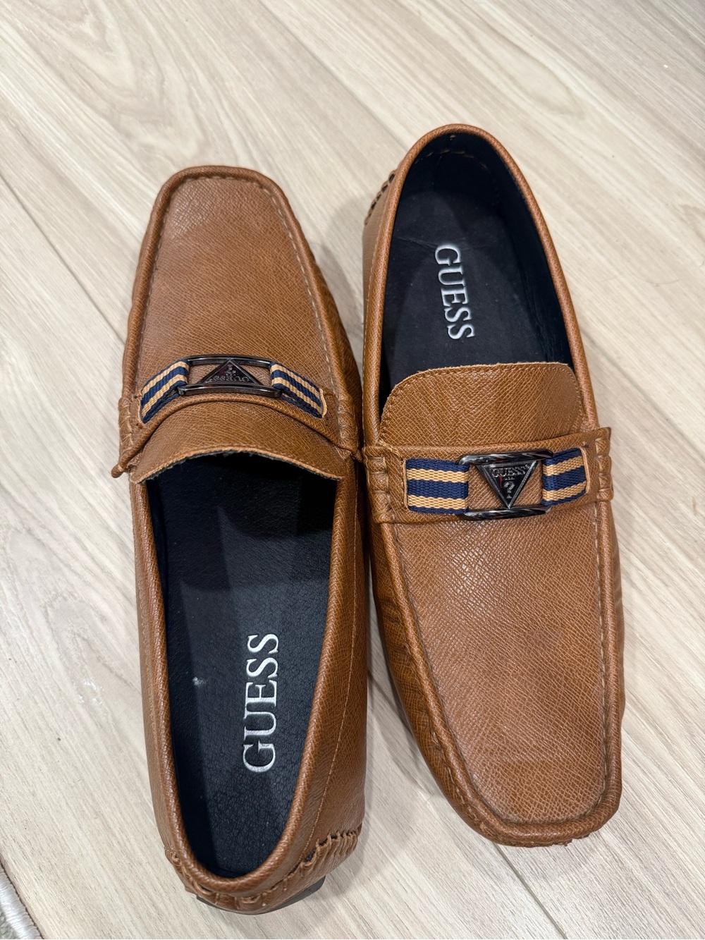 GUESS Men’s Artist Tan Brown Slip-On Loafers with Navy Striped Ribbon